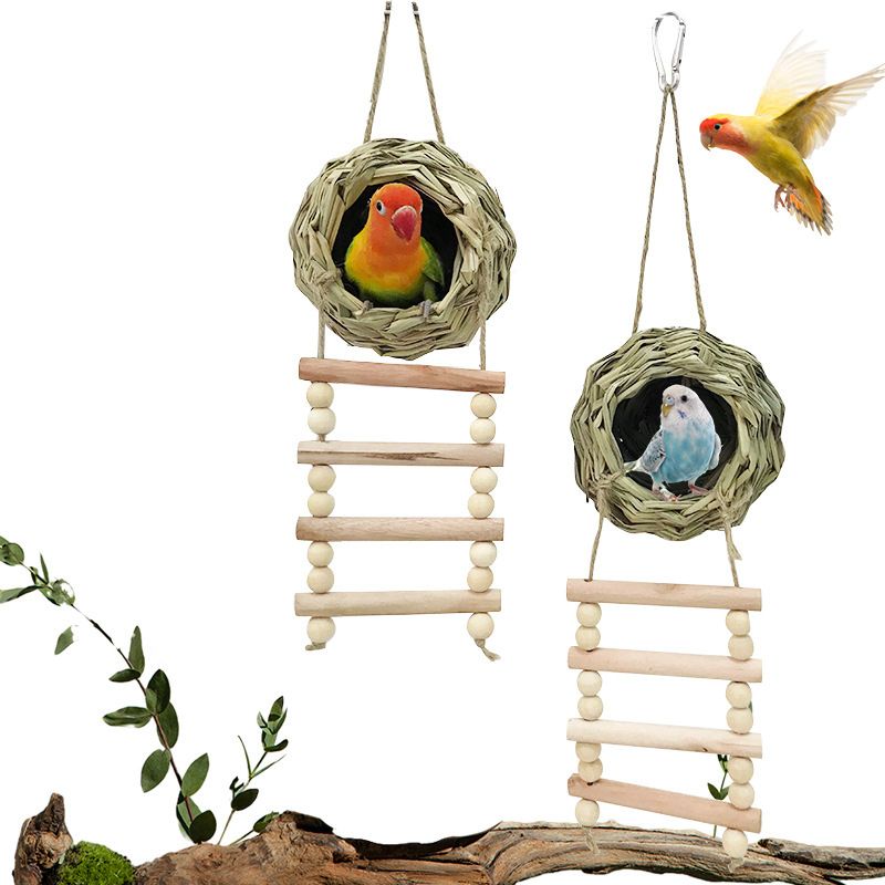 Spielzeug für Wellensittiche, Handgefertigtes Vogelspielzeug aus Grashütten, Mit Klettermöglichkeiten und Ruheplätzen