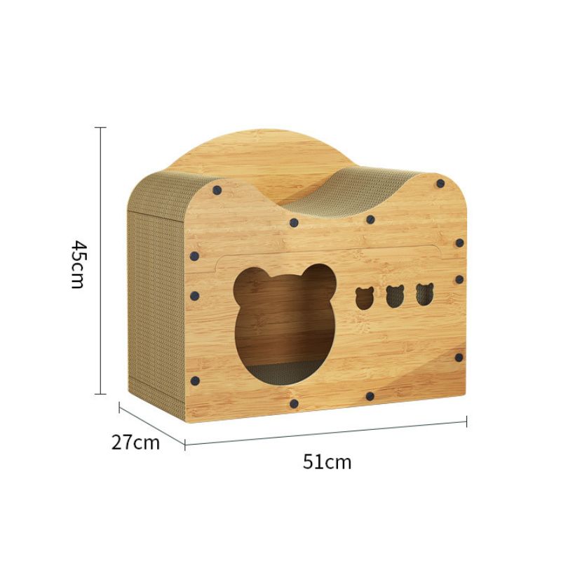 Katzen Kratzbrett, Multi-Funktionales Katzenmöbel Holz, Bärenförmigem Eingang, Natürliche Holzfarbe