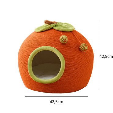 Katzen Kratzbrett, Kratzbaum mit Katzenbett, Niedliches Design in Form einer Persimone, Großes Platzangebot, 42 x 42 x 42cm