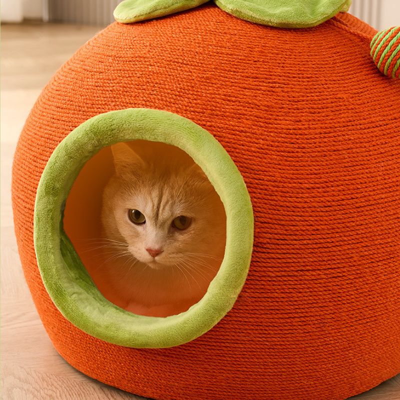 Katzen Kratzbrett, Kratzbaum mit Katzenbett, Niedliches Design in Form einer Persimone, Großes Platzangebot, 42 x 42 x 42cm