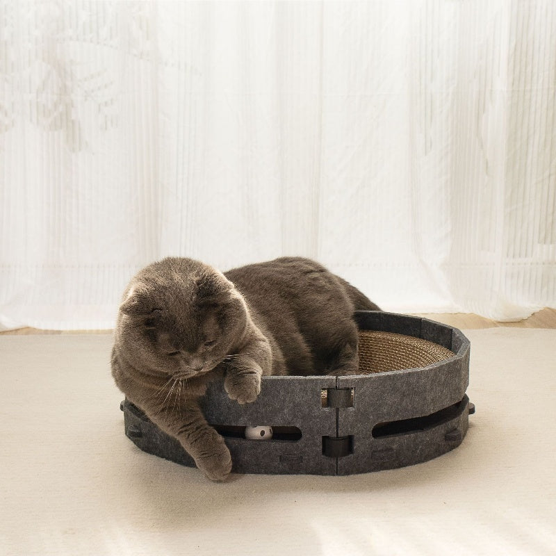 Katzen Kratzbrett, Katzenbett Rundes Wellpappe mit Grauem Filzrand, langlebiges zum Spielen und Entspannen