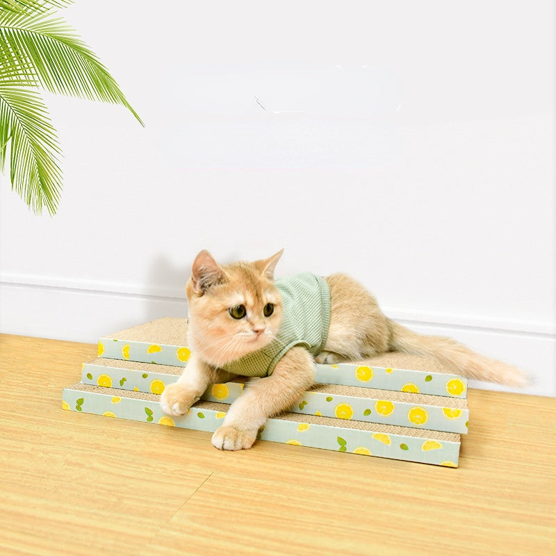 Kratzpappe für Katzen, Wellenförmige Kratzfläche für glückliche Katzen, Set mit 3 Stück, aus Wellpappe mit Zitronen-Muster