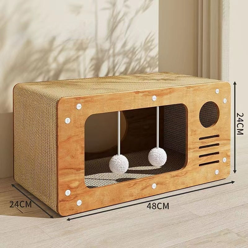 Kratzpappe für Katzen, Praktische Katzen-Spielstation mit Aktivitätsraum, Holz Katzenhaus und Spielball, Katzen bis 15kg