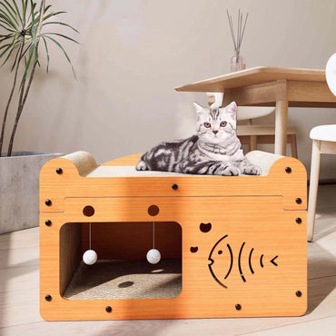 Katzenhöhle, Katzenbett,Katzenhaus mit Kratzbrett aus Wellpappe, ideal für Katzen bis 7 kg, für Spiel und Schlaf