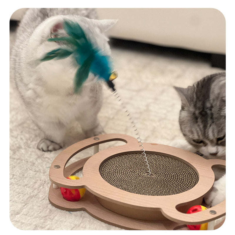 Kratzbrett für Katzen, Holz Katzenkratzbrett mit Wellenpapier, Spielzeugball & Katzenangel, Langlebig, Vielseitig Entspannen