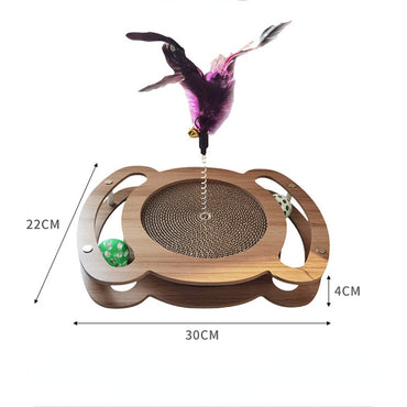 Kratzbrett für Katzen, Holz Katzenkratzbrett mit Wellenpapier, Spielzeugball & Katzenangel, Langlebig, Vielseitig Entspannen