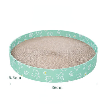 Katzenbett, Wellpappe Kratzbrett, Grüner Cartoon-Muster Rundform, 36 cm Durchmesser, Kratz- & Ruheplatz für Katzen unter 4 kg