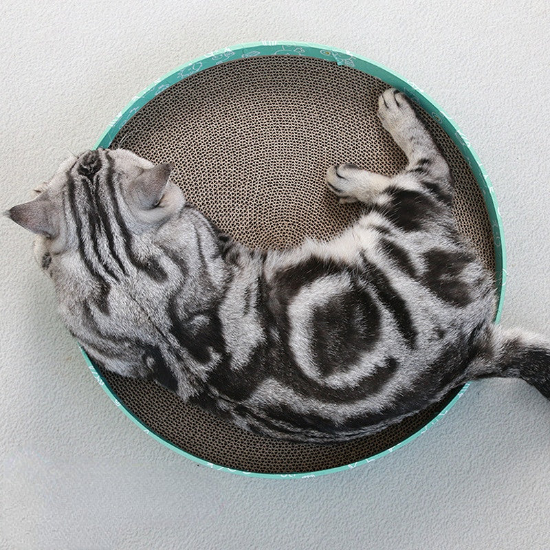 Katzenbett, Wellpappe Kratzbrett, Grüner Cartoon-Muster Rundform, 36 cm Durchmesser, Kratz- & Ruheplatz für Katzen unter 4 kg