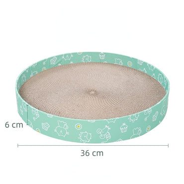 Katzenbett, Wellpappe Kratzbrett, Grüner Cartoon-Muster Rundform, 36 cm Durchmesser, Kratz- & Ruheplatz für Katzen unter 4 kg