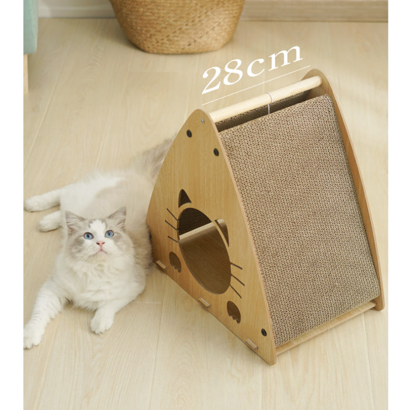 Katzenhöhle, Holz Dreieckige Katzenbett mit Wellpappe Kratzbrett & Katzenball, zum Kratzen und Unterhaltung, 45x28x45 cm