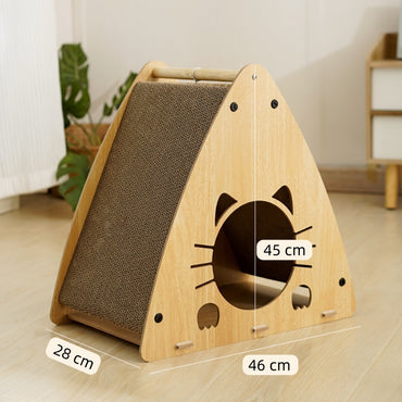Katzenhöhle, Holz Dreieckige Katzenbett mit Wellpappe Kratzbrett & Katzenball, zum Kratzen und Unterhaltung, 45x28x45 cm