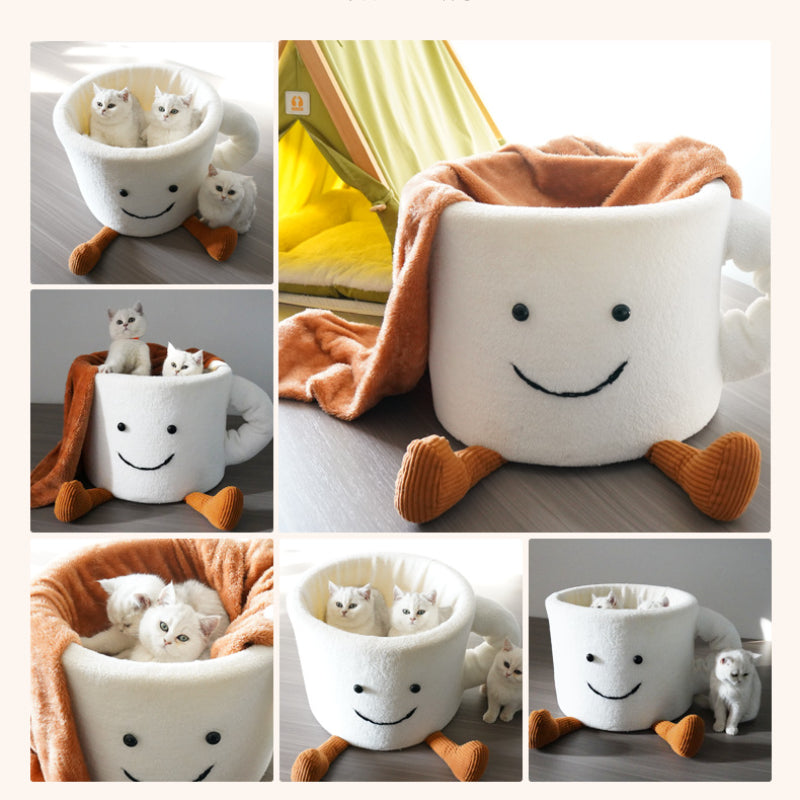 Katzenbett, Cartoon Kaffeebecher aus Korallenvlies & Schwamm-Füllung, Warmer und angenehmer Schlaf für Katzen, 35x35x30 cm