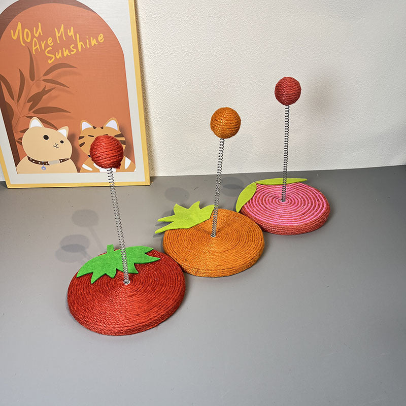 Kratzbrett für Katzen, süßem Obstmotiv Katzenkratzbrett aus robustem Sisal mit Spring Katzenball, für Spiel & Krallenpflege