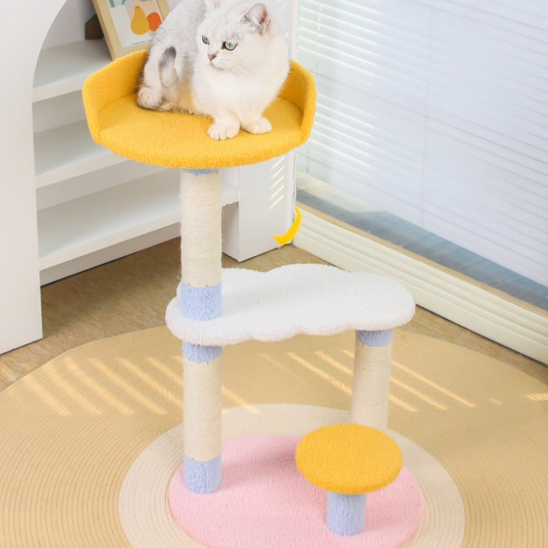 Kratzbaum für Katzen, 2 Ebenen, mit Stern & Mond Design, Sisal-Kratzsäule, Traumhaft in Rosa, Blau & Gelb, Plattform zum Ausruhen