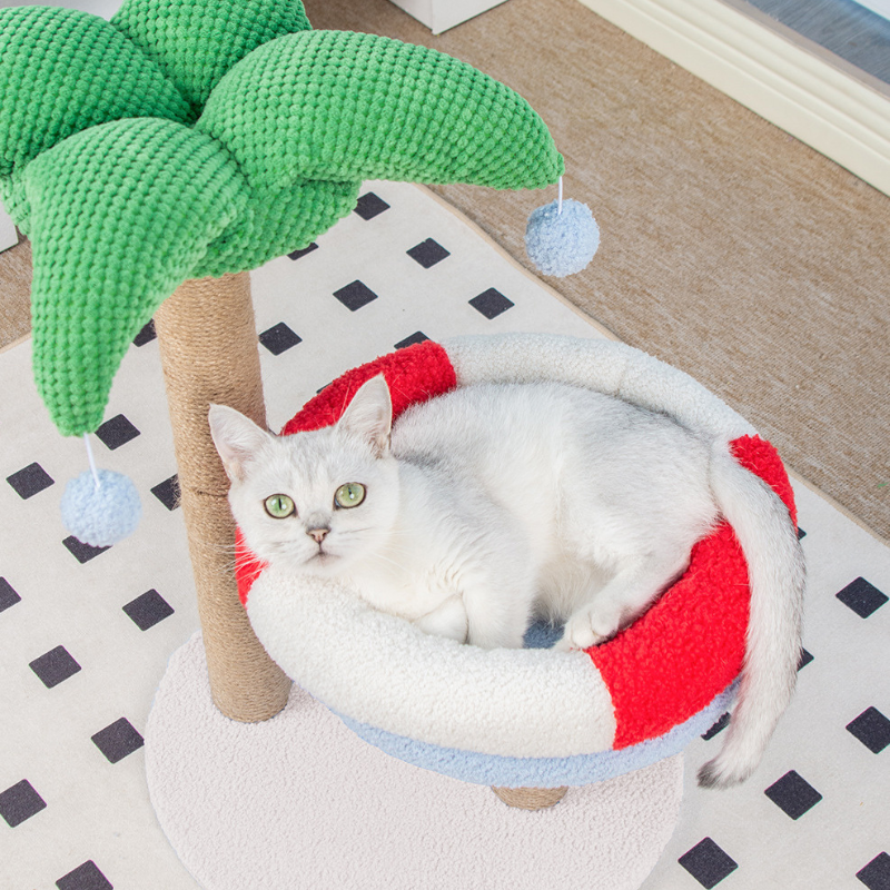 Kratzbaum mit Liegemulden, Kokosnussbaum Katzenkratzbaum mit Katzenbett im Rettungsring Design, Farbige Dekoration