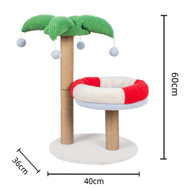 Kratzbaum mit Liegemulden, Kokosnussbaum Katzenkratzbaum mit Katzenbett im Rettungsring Design, Farbige Dekoration