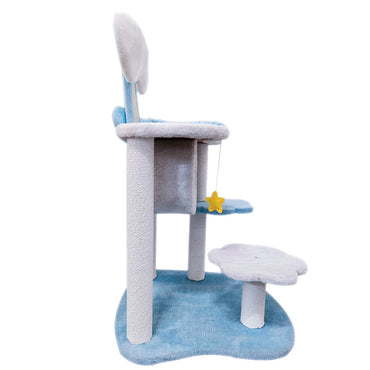Cat Tree, Katzenbaum mit Liegeflächen, Wolken Design Spielplattform, Katzenmöbel aus Massivholz, Weiß und Blau