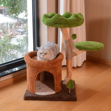 Katzenbaum Vollholz, Katzenspielzeug Baumhaus Design, Sisal Kratzbaum mit Kuschelhöhle, Kletterbaum für Kitten und Katzen