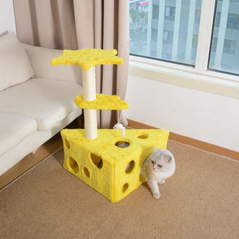 Katzen baum, kreativem Käse-Design, Katzen Baum mit Maus Plüschtier, platzsparend, 73cm, Gelb