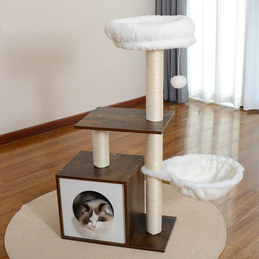 Hochwertiger Katzenbaum, Kratzbaum mit Katzenhöhle aus Holz, 2 Plüsch Katzenbetten, 90 cm hoher, vintagebraun und Beige