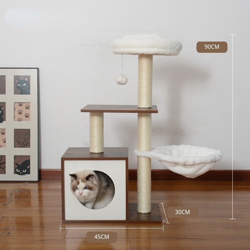 Hochwertiger Katzenbaum, Kratzbaum mit Katzenhöhle aus Holz, 2 Plüsch Katzenbetten, 90 cm hoher, vintagebraun und Beige