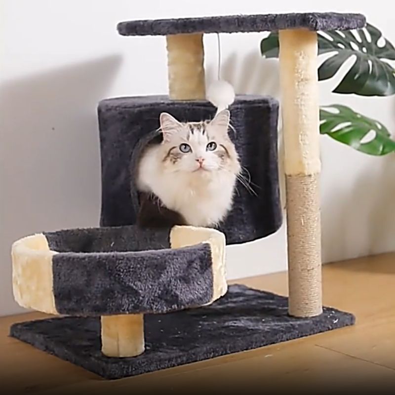 Mini Katzenbaum, Hochwertiger Katzenbaum mit Kratzbaum, Plüsch Höhle und Katzenbett, Schwarz oder Grau