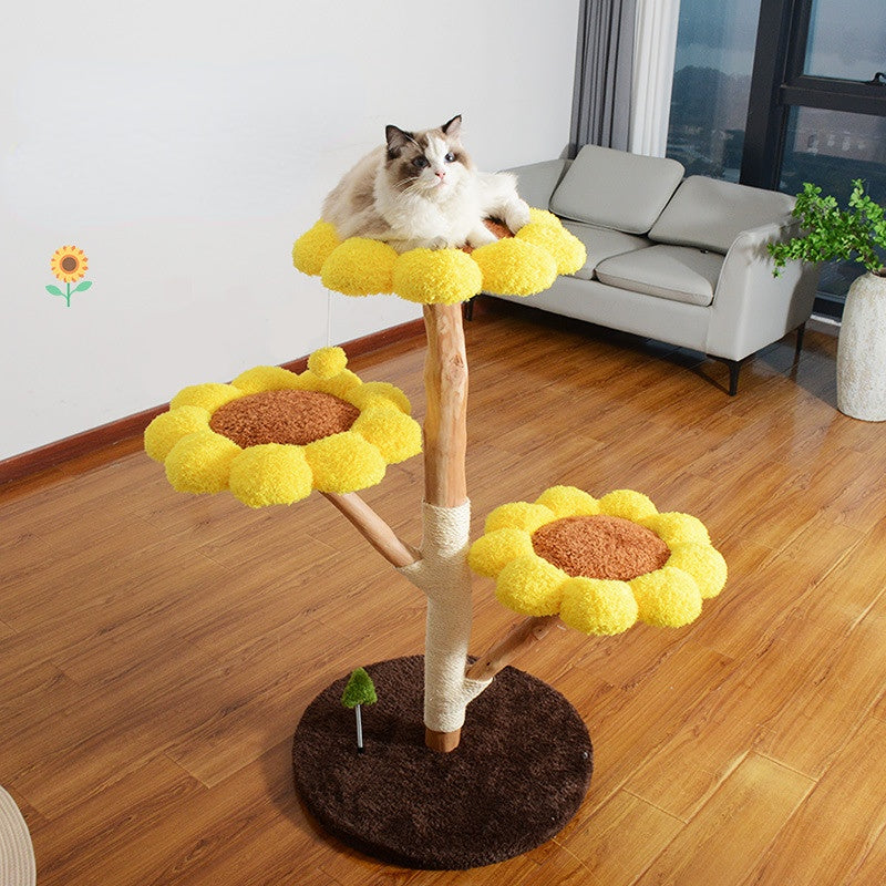 Katzenbaum grosse Katzen, Katzenbaum aus Holz, Plüsch Sonnenblumen-Katzenbett mit drei Ebenen, für mehrere Katzen