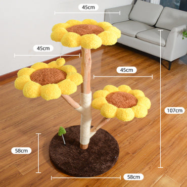 Katzenbaum grosse Katzen, Katzenbaum aus Holz, Plüsch Sonnenblumen-Katzenbett mit drei Ebenen, für mehrere Katzen