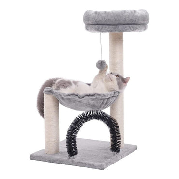 Kleine Katzenbaum, Cat Tree mit Kratzsäule und Bürstentunnel, Plüsch Katzenbett und Plüschball, platzsparend