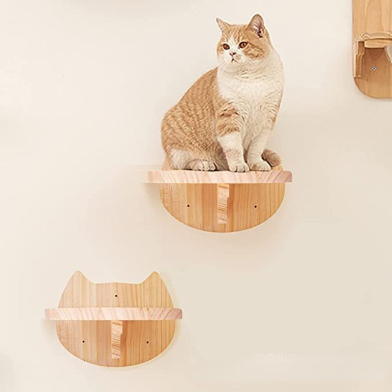 Wand Katzenbaum, Wandspielzeug für Katzen aus Holz, Stabiler Katzenplattform mit niedlichem Katzenmuster (1 Stück)
