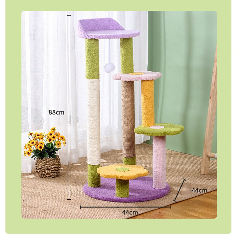Katzenbaum Grosse Katzen, plattform in Blumenform, Dreilagiger Katzenbaum mit Plüsch Katzenball & Sisal-Kratzsäulen