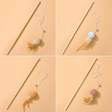 Katzenangel Katzenspielzeug Naturholzstab Mit Elastischer Kordel und Glöckchen Mit Sisalanhänger, hochgradig interaktiv (1 Stück)