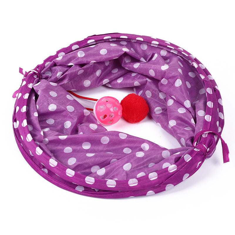 Katzentunnel, Interaktives Katzenspielzeug mit Plüschbällen und Glöckchen, Faltbarer Katzentunnel, Lila Punkten Design