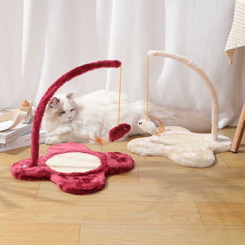 Spielzeug Katze, Rot, Katzenangel mit hängender Maus, Blumenförmiger Sockel, Kratzbereich aus SIsal für Spielvergnügen