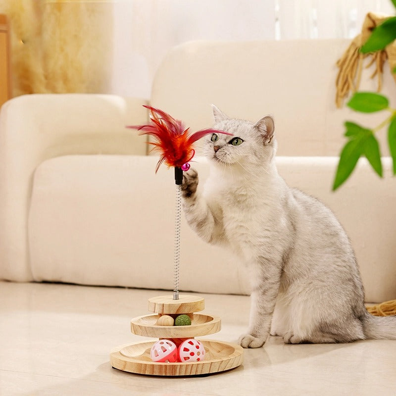 Katze Spielzeug, Kugelbahn für Katzen mit Katzenangel, Holzspielzeug zur Selbstunterhaltung, 30 cm hoch