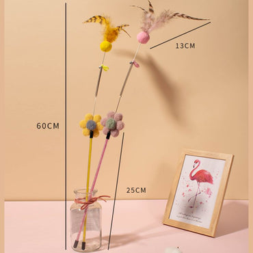 Katze Spielzeug, Katzenangel mit Plüschball, Federn & Blumen-Deko, robust & langlebig, Blumen in Pink, Stabfarbe zufällig, 60cm lange (1 Stück)