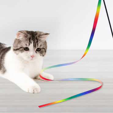 Katze Spielzeug, Katzenangel Regenbogenbänder mit elastischem Kunststoffgriff & 100 cm Regenbogenbänder für endlosen Spielspaß