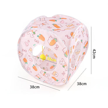Katzentunnel, Cartoon Druckmuster Faltbarer Katzentunnel mit Hängende Plüschbälle, 3 Varianten – Gerade, Quadrat, S-Form