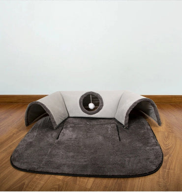 Katzentunnel, Grau U-Form Katzenbett mit 3 runder Öffnung & Hängender Katzenball, abnehmbar, waschbar, groß und klein