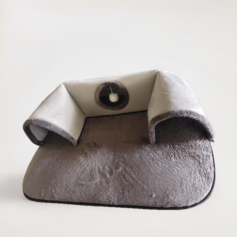 Katzentunnel, Grau U-Form Katzenbett mit 3 runder Öffnung & Hängender Katzenball, abnehmbar, waschbar, groß und klein