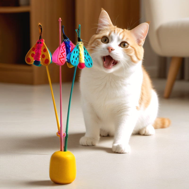 Katze Spielzeug, Katzenangel, Bunte fliegende Insektenform mit Glöckchen, Beißen, Handheld, 49 cm, Drei Farboptionen