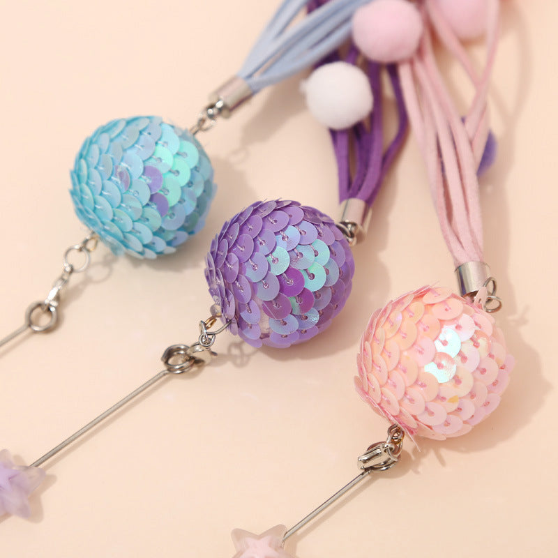 Katze Spielzeug, katzenangel mit Glitzerball, Glocke & bunten Plüschbällen, 40 cm langer Acrylgriff, Zufällige Farbe