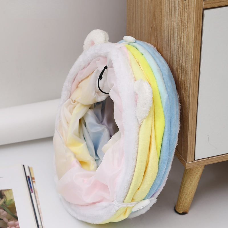 Katzentunnel, Regenbogen Katzenohrenform aus Geräuschpapier, Faltbarer, Plüsch-Fünfstern & 4 Eingänge, 120x31x31 cm