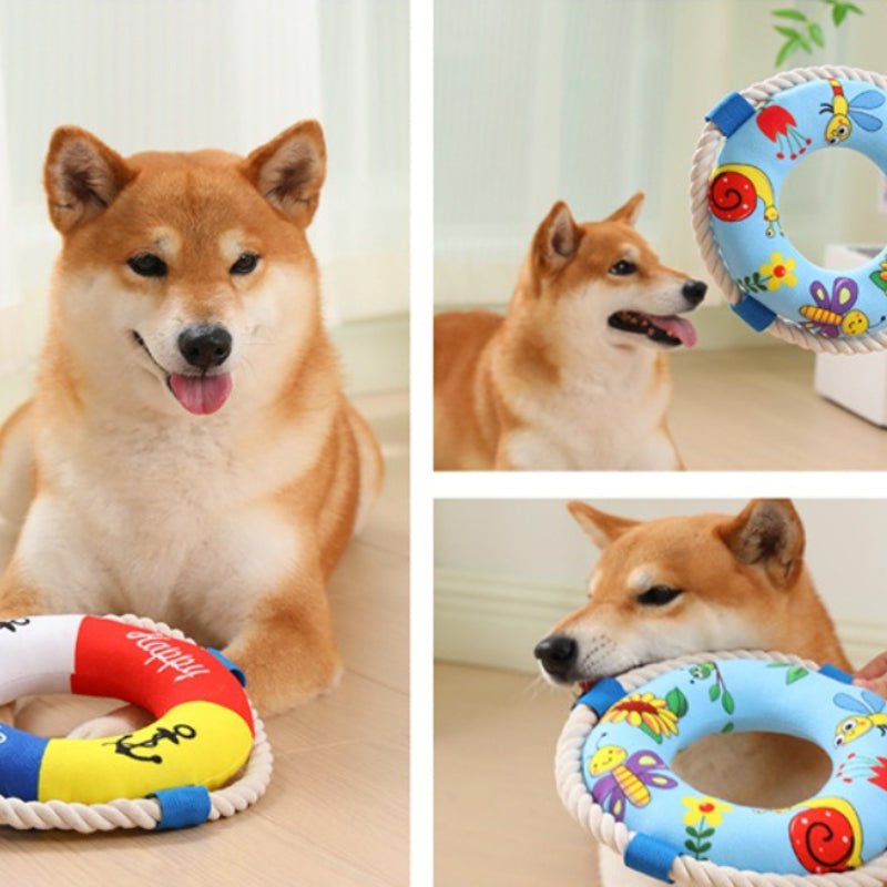 Hund Kuscheltiere, Plüschspielzeug in Form von Schwimmringen mit Klingende Glocke & Baumwollseil für Hunde, Drei Stile