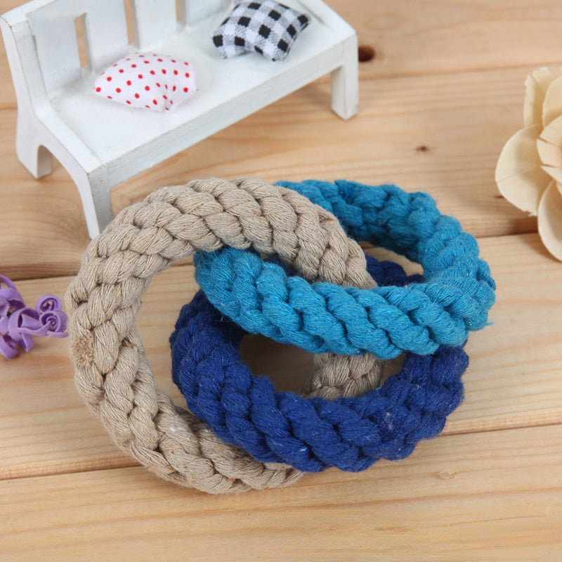 Spielzeug für den Hund, Baumwollseil-Drei Ringe, Kauspielzeug für Hunde & Zerrspielzeug Hund, Blau und Rosa, Stressabbau (1 Stück)
