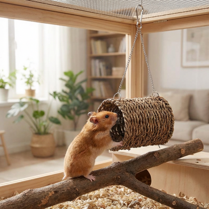 Meerschweinchen Spielzeug, aus Stroh, Hängendes Rohrspielzeug für Meerschweinchen, Hamster und Nager, 10 x 12cm, Spaßgarantie