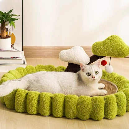 Kratzpappe Katze, Multifunktionale Sisal Kratzmatte für Katzen, Katzenmöbel mit Spielzeug und Baumdekor, Grün oder Braun