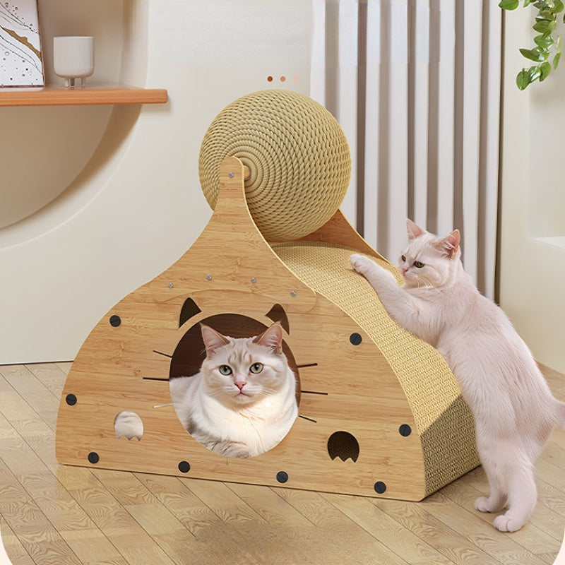 Katzenhöhle, Katzenförmiges Loch, Katzenbett, Wellpappe Kratzbrett mit Sisal Kratzball für Katze stundenlangen Spaß