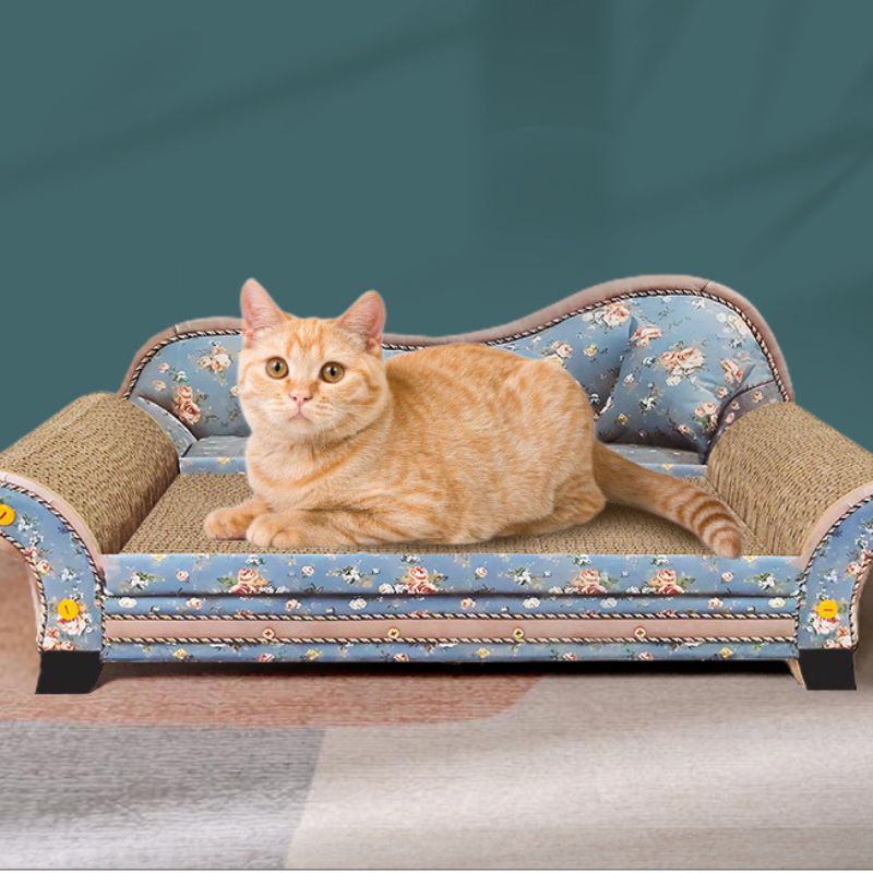 Kratzbrett für Katzen, Sofa-Design Katzenmöbel zum Kratzen und Entspannen, Hochwertiges wellpappmateria, Vintage-Muster, Blau