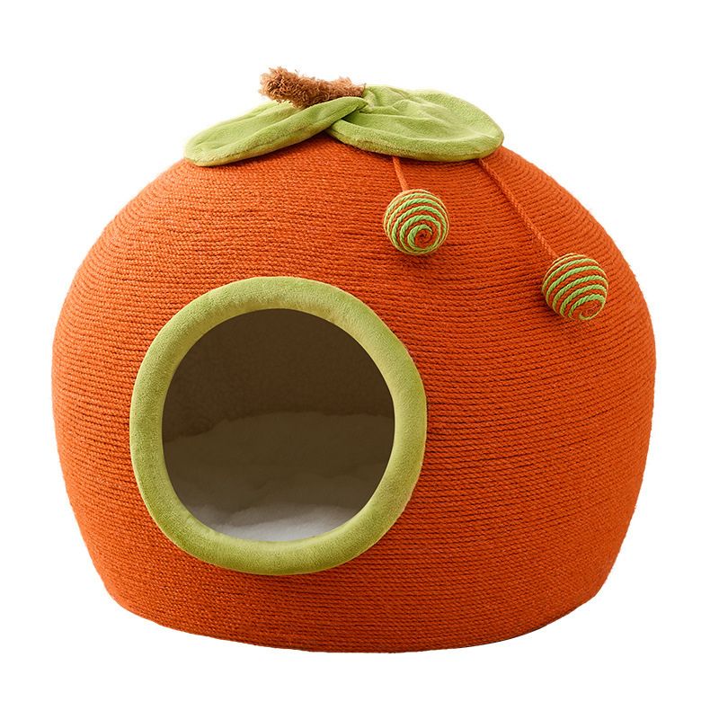 Katzen Kratzbrett, Kratzbaum mit Katzenbett, Niedliches Design in Form einer Persimone, Großes Platzangebot, 42 x 42 x 42cm